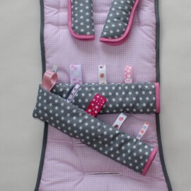 Conjunto a juego para  "Britax", estrellas gris ,cuadros Vichy de color rosa /blanco