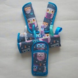 Funda para la barra , cubrecinturones y almohadilla , gris con dibujos de búhos