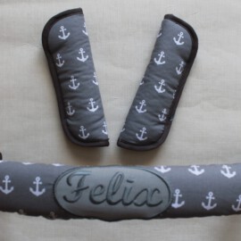 Funda para la barra + cubrecinturones ,  con Nombre bordado !Tela color gris con anclas
