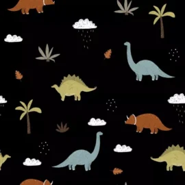 Tela impermeable con dibujos de dinosaurios de color negro