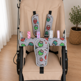 Funda para la barra , cubrecinturones y almohadilla ,Tela gris con dibujos de búhos
