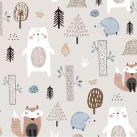 Tela impermeable de color mint , Animales del Bosque gris