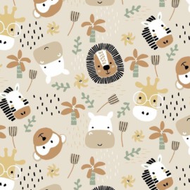 Tela de algodón estampada con animales del zoológico sobre fondo beige.